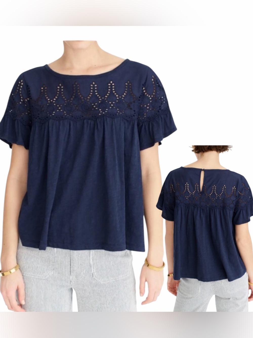 J. Crew Navy Blue Top Flutter Sleeve Eyelet Babydoll Flowy Crop Oversized Fit